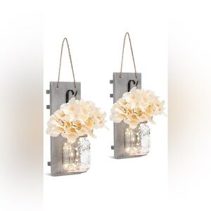 NIB DIY Rustic Grey Mason Jar Sconces With Cream Hydrangeas And Fairy Lights